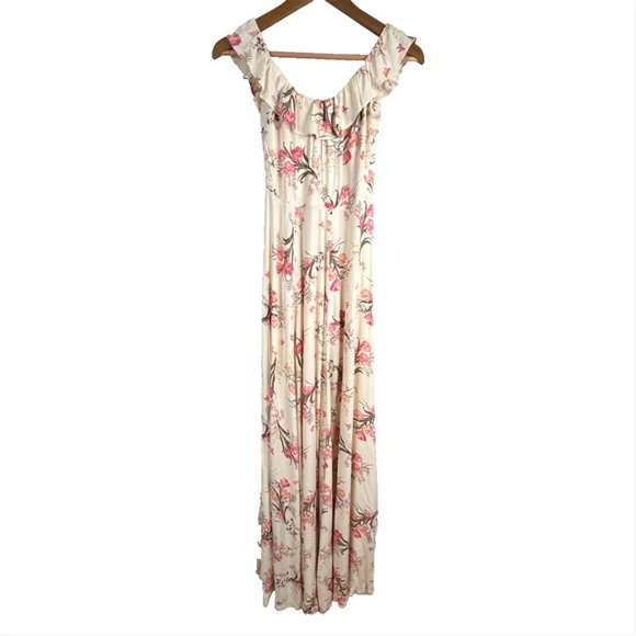 Reformation Verbena Maxi Dress 2 Leila Floral Ruffle Neckline Ivory Pink Cottage - Picture 4 of 15